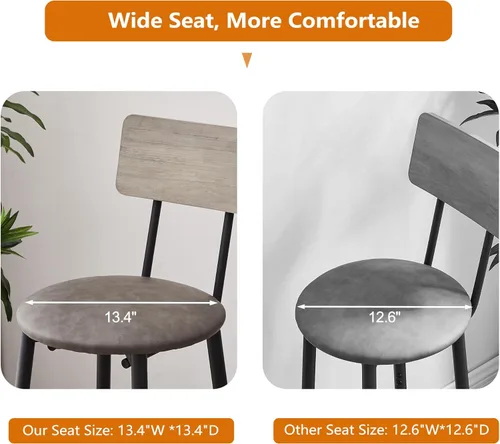 Vista 4 de Juego de 2 mesas de bar y sillas de bar, mesa de bistró y taburete de bar, mesa de comedor pequeña con taburete tapizado, color gris