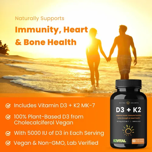 Vista 4 de NutraChamps D3 con K2 MK7 Suplemento para la salud del corazón y los huesos Complejo de vitamina D y K 5000 UI de vitamina D 3 y 100 mcg