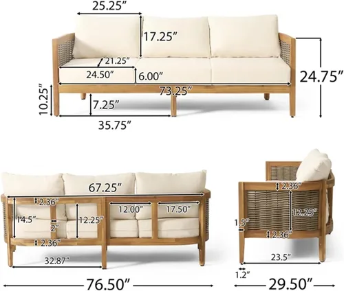 Vista 2 de Merax Sofá de mimbre de madera de acacia al aire libre de 76.5 pulgadas, sofá de 3 plazas para patio trasero