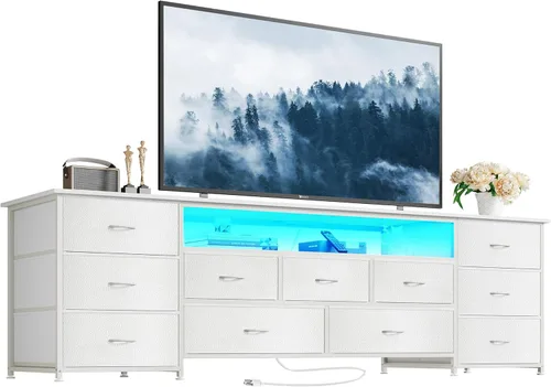 Vista 13 de Huuger Soporte de TV de 63 pulgadas para TV de 65, 70 pulgadas, cómoda larga con 11 cajones con tomas de corriente y luces LED, centro
