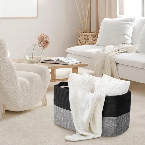 Vista 4 de MEGASKET Cestas de almacenamiento extra grandes, cestas negras de 22 x 17 x 12 pulgadas para organizar, cesta tejida rectangular para mantas