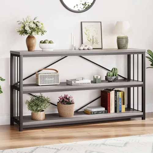 Vista 21 de LVB Mesa consola industrial, mesa de sofá de metal y madera, mesa de entrada rústica con almacenamiento, moderno estante de 3 niveles mesa larga