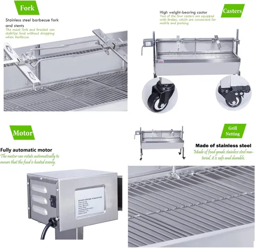 Asador de barbacoa de 35 pulgadas, asador de acero inoxidable, parrilla de carbón con cubierta trasera, kit de asador de cordero giratorio