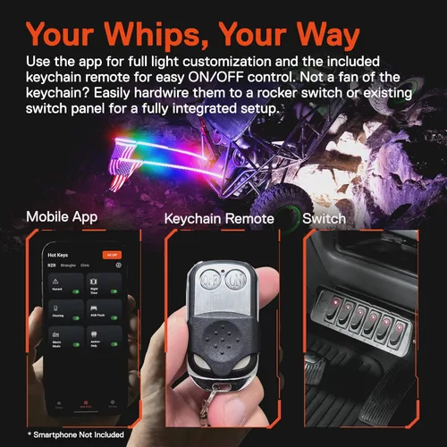 Vista 5 de True MODS - Luz de látigo LED RGB en espiral de 1 pie para UTV ATV [aplicación Bluetooth] Off Road impermeable LED iluminado látigo CB antena palo