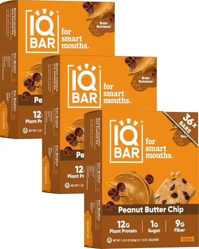 Vista 10 de IQBAR - Barras de proteínas para el cerebro y el cuerpo a base de plantas - Chips de mantequilla de almendra - 12 unidades - Keto, veganas, bajas