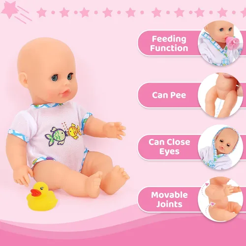 Vista 5 de deAO Juego de Muñeca Bebé con Bañera, Juego de Baño de Muñeca de 11 Piezas - Bañera que Funciona de Verdad con Rociador de Ducha Desmontable, Juego
