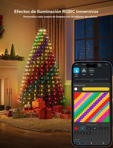 Vista 3 de Govee Luces de árbol de Navidad, 480 luces LED inteligentes RGBIC, 6.6 pies × 24 tiras de luces para decoraciones navideñas, sincronización