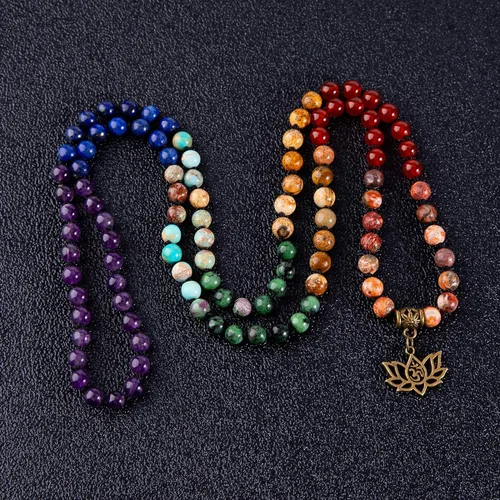 Vista 4 de Bivei 7 Chakra 108 Mala Beads Bracelet Real Gemstone Yoga Meditation Hand Knotted Mala Prayer Bead Necklace