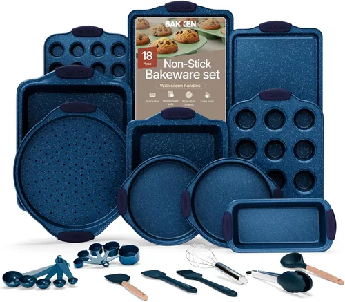 BAKKEN Kitchen Juego de sartenes para hornear - Recubrimiento antiadherente, juegos de utensilios para hornear de acero al carbono con asas de
