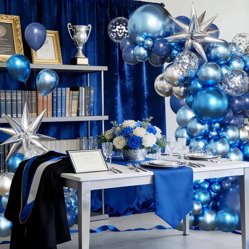 Vista 3 de Kit de arco de globos azules y plateados, 130 globos azul marino metálico azul plateado con globos de confeti de estrella de papel de aluminio