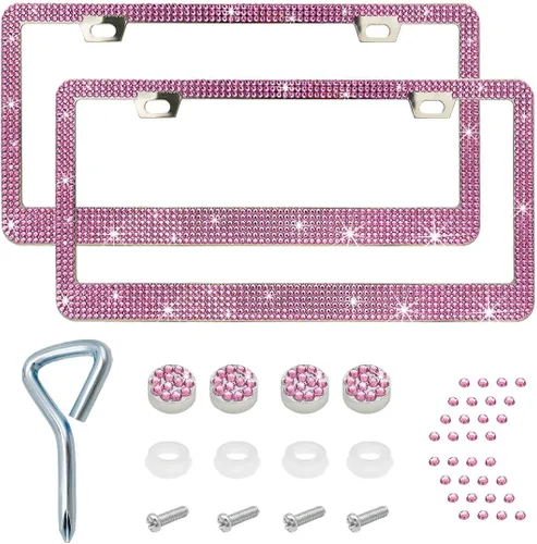 Vista 10 de Ziciner Marco de matrícula brillante, cubierta brillante para placa de matrícula con diamantes de imitación multifacéticos, soporte para placa