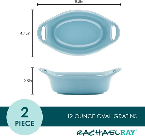 Vista 2 de Rachael Ray Ceramics - Juego de gratin ovalado, dos piezas de 355 ml, color azul agave