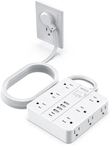Vista 12 de Regleta de alimentación de enchufe plano con 12 salidas 6 USB (2 USB C), estación de carga con protector de subida de tensión SMNICE con protección