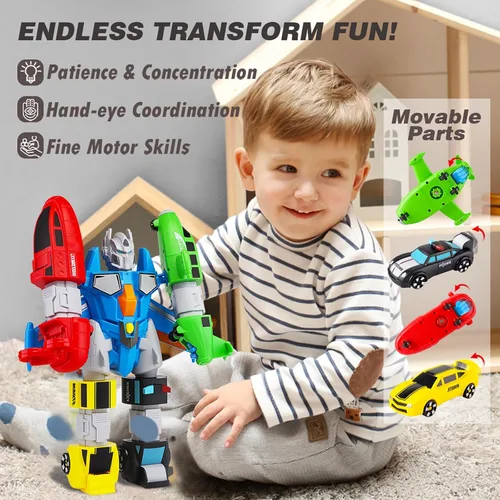Vista 3 de SOMMER 5-in-1 Magnetic Vehicles Toy Playset, Mix and Match STEM Stacking Assembling Car Kit with Storage Box, Transform into Robot, Birthday Gift