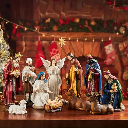Vista 8 de BESBLEE Juego de 13 piezas de Navidad para interiores, decoración del hogar, decoración clásica de resina, decoración para el hogar, decoración