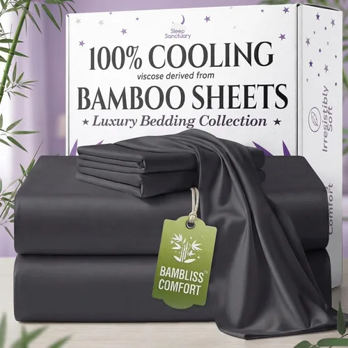 Vista 17 de SLEEP SANCTUARY 100% viscosa orgánica derivada de sábanas de bambú, tamaño individual, 4 piezas, ultra suave y refrescante, bolsillo profundo de 17