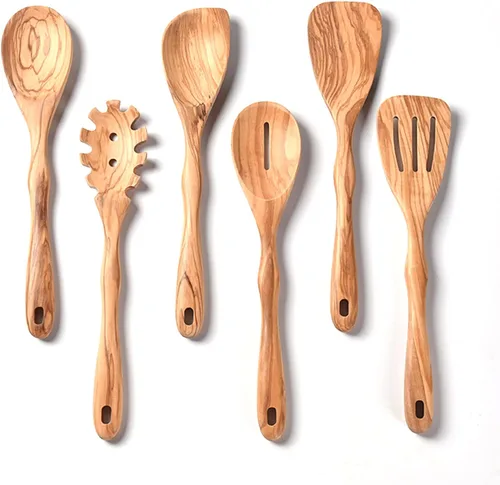 Vista 2 de Gudamaye Cucharas de madera de nogal negro de 12 pulgadas para cocinar, 6 PIEZAS Cucharas de Madera de Mango Largo, Utensilio de madera de nogal