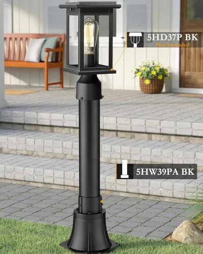 Vista 4 de Lámpara de poste al aire libre con base, accesorios de lámpara de poste exterior HWH, poste de montaje de aluminio negro y base para camino