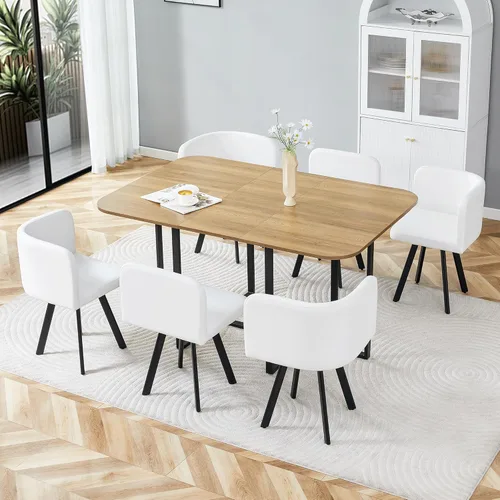 Vista 4 de Dining Table Set for 6, 60" Faux Marble and Wood Kitchen Table with 6 PU Leather Chairs,Modern Retangular Dining Table Set for Kitchen,Living Room