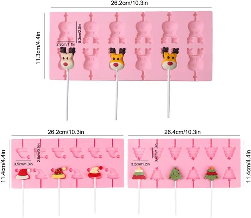 Vista 2 de Paquete de 3 moldes para piruletas de silicona para caramelos duros de chocolate, molde de goma de Navidad con 100 palitos de chupón (12 cavidades)