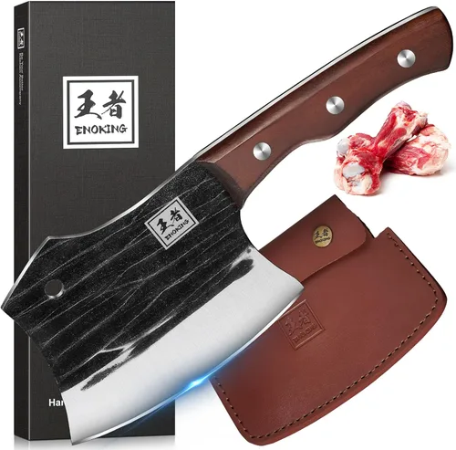 ENOKING Cuchillo de carnicero de 5.7 pulgadas, cuchillo forjado a mano resistente para huesos con mango de madera, cuchillo de carnicero de espiga