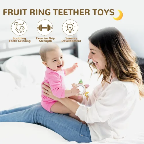 Vista 4 de Mordedores de silicona Hooku para bebés de 6 a 12 meses, juguetes de dentición para bebés de 0 a 6 meses, anillos de dentición de frutas para bebés