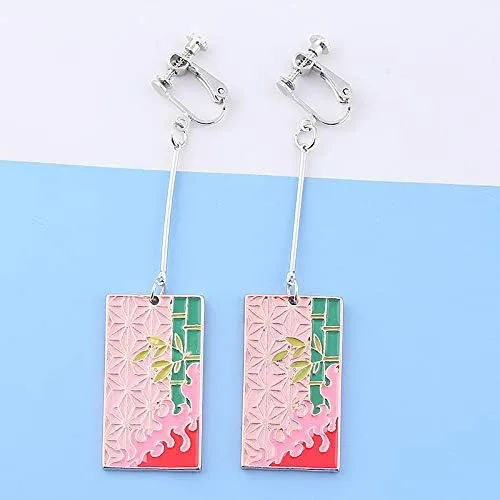 Vista 3 de Aretes de Tanjiro del anime Demon Slayer, de Kimetsu No Yaiba Hanafuda accesorios para cosplay de anime, para chicas