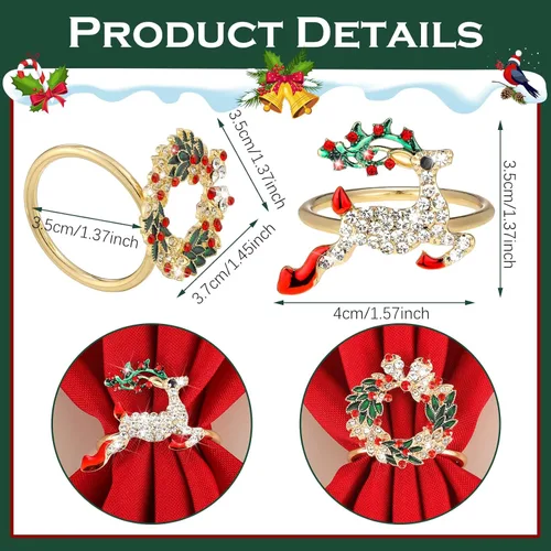 Vista 2 de Sliner Juego de 24 servilletas y anillos de Navidad, 12 servilletas de Navidad lavables de color rojo y 12 servilleteros de Navidad para cenas