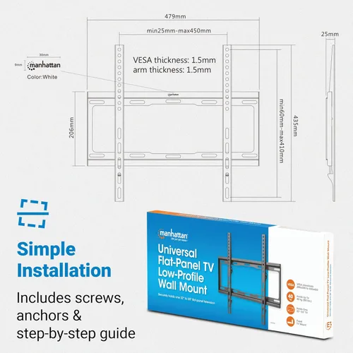 Vista 6 de Manhattan Soporte de pared para TV – Se adapta a la mayoría de televisores LED, LCD, OLED planos y curvos de 32 a 55 pulgadas, soporta hasta 88