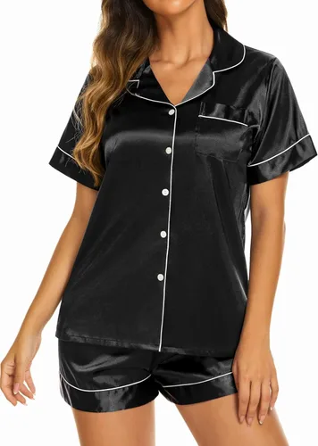Vista 3 de Ekouaer Pijamas de seda para mujer, ropa de dormir de manga corta, suave, con botones, ropa de descanso, 2 piezas, pijama de satén, conjunto