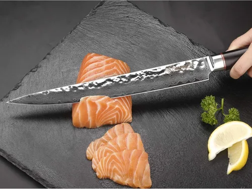 Vista 5 de YOUSUNLONG Cuchillo de filete de 10 pulgadas, cuchillo para tallar carne, cuchillo sashimi, 9.6 in, mano izquierda, acero de damasco martillado