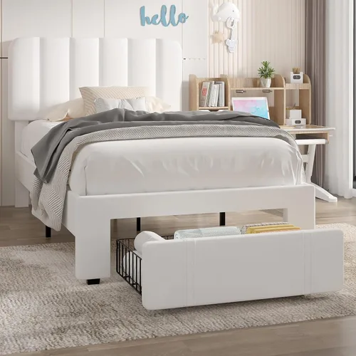 Vista 23 de VECELO Base de cama tapizada de tamaño matrimonial con 4 cajones y cabecero, plataforma de terciopelo, soporte de listones de madera, no necesita