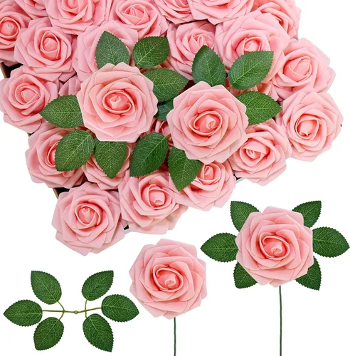 Winlyn 50 rosas rosas rosas de tacto real con tallos y hojas de seda, flores artificiales a granel para bodas, centros de mesa, arreglos florales,