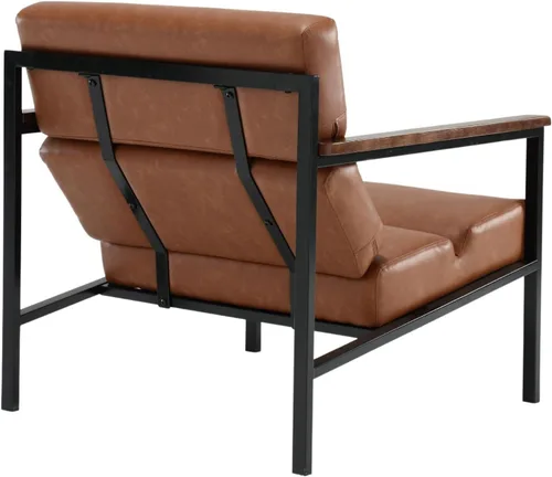 Vista 7 de Juego de 2 sillas decorativas de cuero marrón, modernas sillas con brazo con marco de metal, silla lateral tapizada, cómoda silla de estar para sala