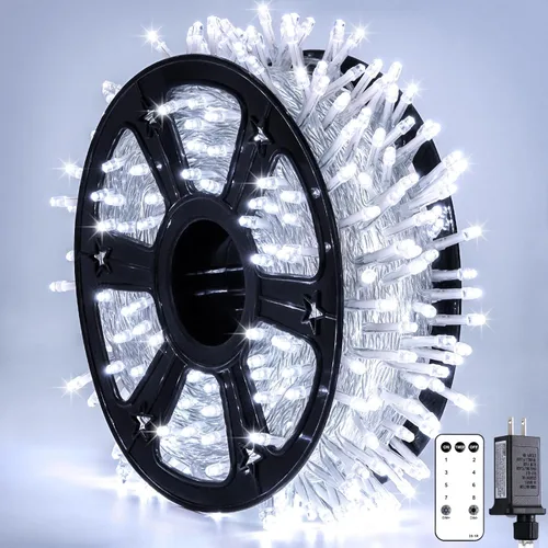Vista 32 de JMEXSUSS 500 luces LED verdes de Navidad para interiores y exteriores, 8 modos de 163 pies, tira de luces verdes enchufables, cable transparente