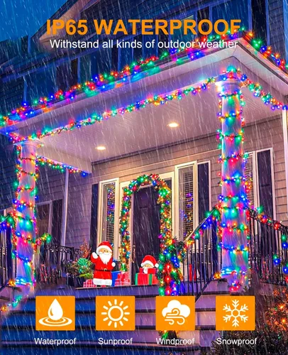 Vista 5 de Tira de luces LED de Navidad de 40 pies con 120 luces LED para exteriores, impermeables, 8 modos, cadena de alambre verde, luces parpadeantes