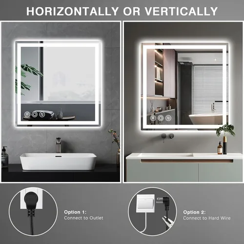 Vista 8 de Memobarco Espejo de Baño LED de 24" x 24" con Iluminación Frontal y Trasera, Espejo de Tocador de Baño Anti-Empañamiento, Espejo de Pared con 3