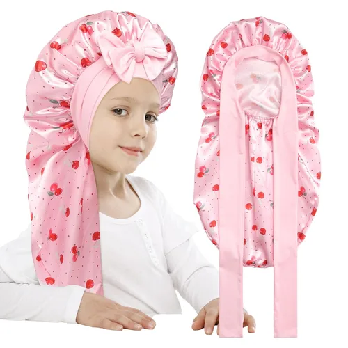 Vista 12 de AWAYTR Gorro largo de seda para dormir, gorro elástico de satén para cabello rizado, gorro de noche para niños de 3 a 12 años (negro)