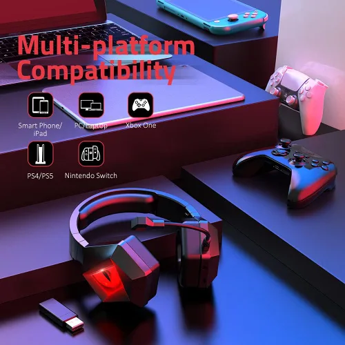 Vista 7 de BENGOO Auriculares inalámbricos para juegos 24G para PS5 PS4 PC con micrófono desmontable con cancelación de ruido luz LED roja orejeras de memoria