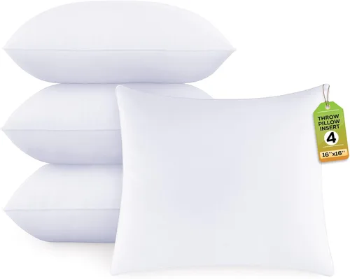 GOLD TEXTILES Almohadas blancas (paquete de 4) – Almohada de poliéster de 16 x 16 pulgadas – Almohadas decorativas cuadradas ligeras para interiores