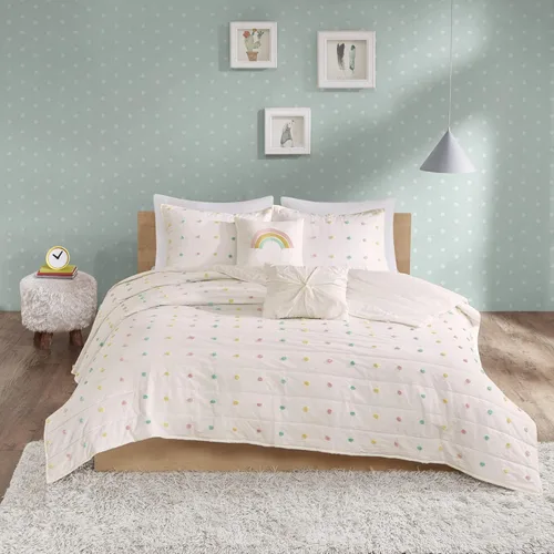 Vista 2 de Intelligent Design Juego de edredón para niños, tejido jacquard de algodón, con detalles coloridos de pompones, para todas las estaciones, ropa
