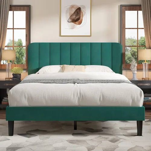 Vista 24 de VECELO Base de cama tapizada de tamaño matrimonial con 4 cajones y cabecero, plataforma de terciopelo, soporte de listones de madera, no necesita