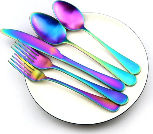 Vista 3 de Juego de cubiertos Rainbow de acero inoxidable 18/0, 20 piezas, chapado en arco iris mate, para 4 personas