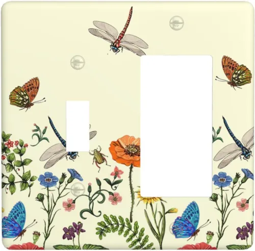 Vista 103 de Placa de Pared en Blanco de 1-Gang Sin Dispositivo Beige Lindo Vintage Boho de los 70s Hongo Fungus Planta Floral Botánica Libélula Interruptor