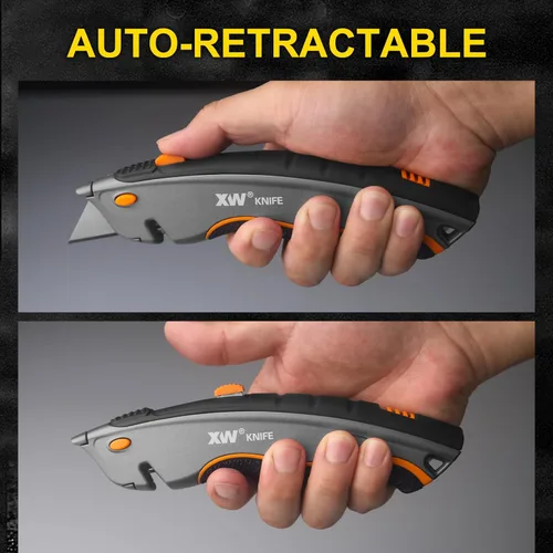 Vista 3 de XW Cuchillo utilitario de seguridad de doble sistema con auto-retráctil y 3 posiciones retráctil, cortador de caja resistente 2 en 1 con un total
