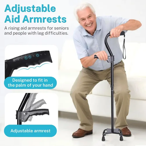 Vista 8 de Adjustable Walking Cane for Men & Women – 4-Pronged Base for Stability – Foldable Cane for Seniors with Foam Padded Offset Handle(Black)