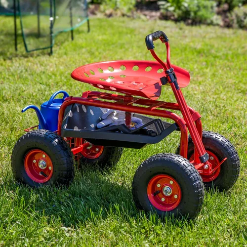 Vista 3 de Sunnydaze, carro de jardín rodante con volante extensible, taburete giratorio y canastilla., Sólido, Rojo