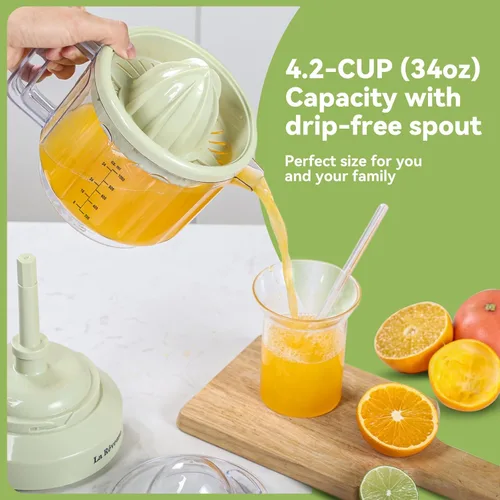 Vista 4 de La Reveuse Exprimidor eléctrico de cítricos de 34 onzas para jugo de pomelo, naranja, limón y lima, 40 W, amarillo grisáceo