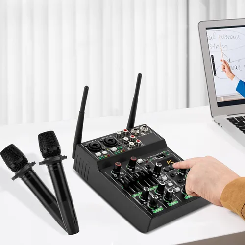 Vista 7 de Mezclador de audio profesional, mezclador de sonido de 4 canales con micrófono inalámbrico doble, consola de tablero de sonido, MP3, Bluetooth, 48V