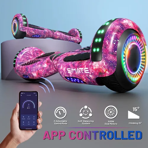 Vista 3 de SIMATE Scooter con accesorio de asiento, tablas de equilibrio automático de 6.5 pulgadas con altavoces Bluetooth y luces LED para niños, adultos